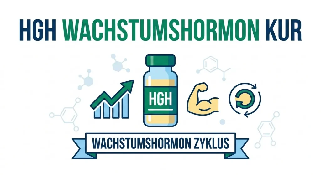 Flache Vektorgrafik der HGH Wachstumshormon Kur mit zentralem HGH Fläschchen und Wachstumssymbolen