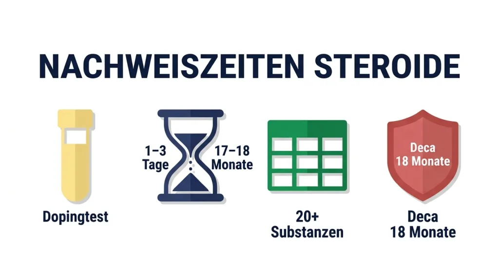 Nachweiszeiten Steroide – Tabelle mit 20+ Substanzen von 1–3 Tagen bis 17–18 Monate im Urintest