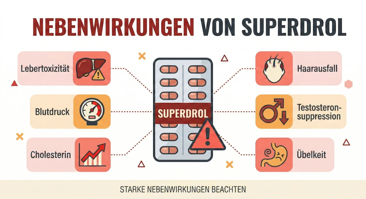 Flache Vektorgrafik der Nebenwirkungen von Superdrol mit Blisterpackung und Warnsymbolen für Leber und Gesundheit