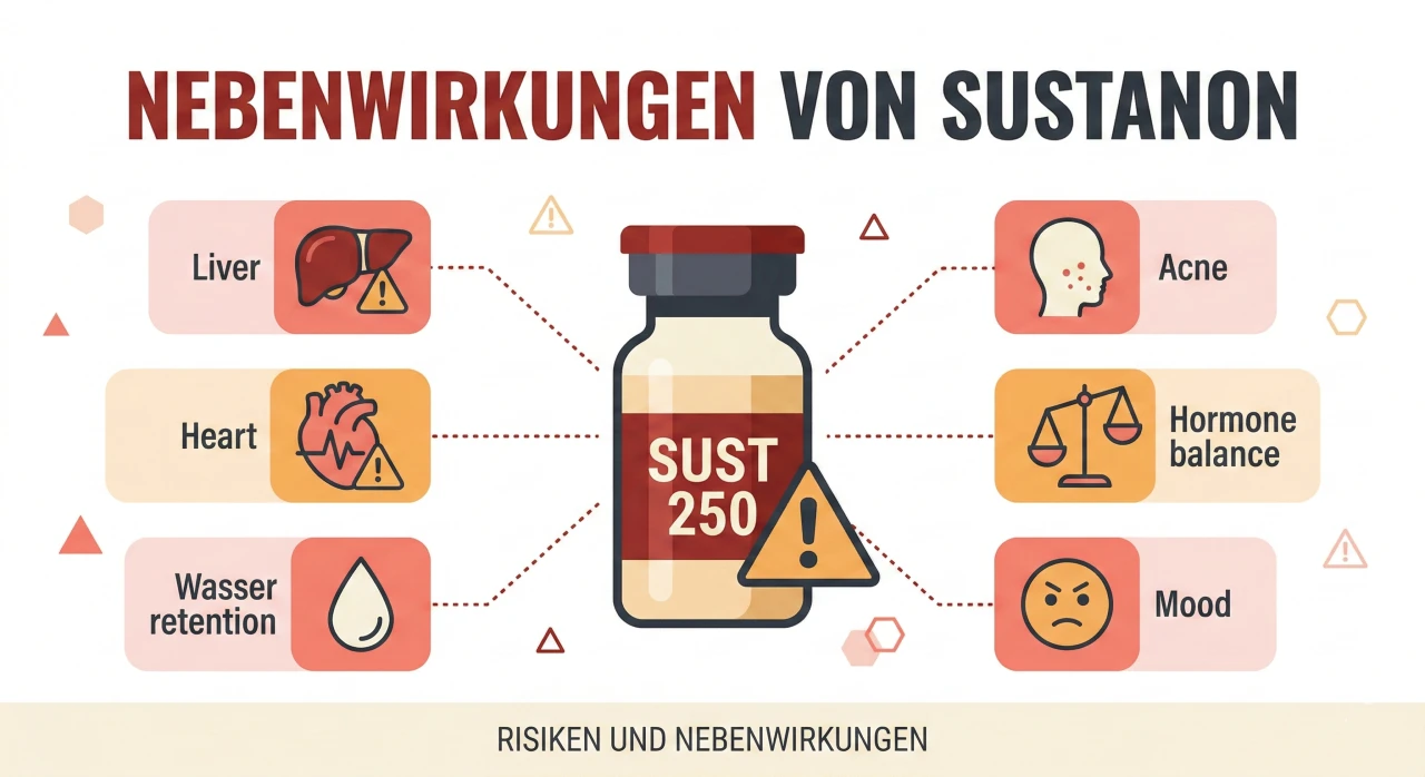Flache Vektorgrafik der Nebenwirkungen von Sustanon mit Sust 250 Fläschchen und Nebenwirkungssymbolen