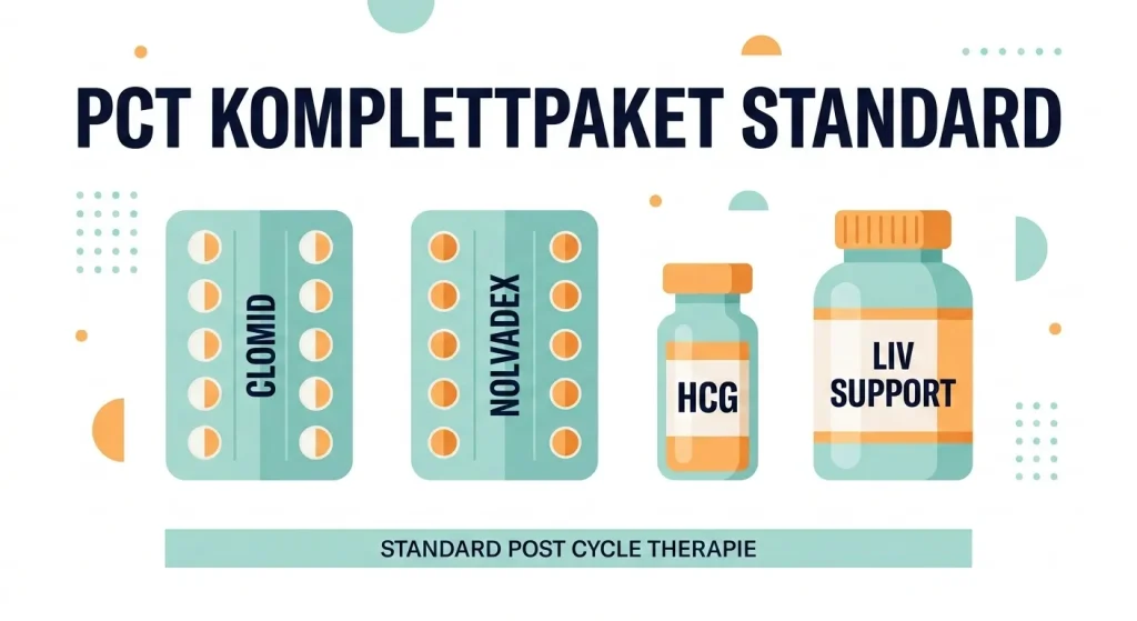 Flache Vektorgrafik des PCT Komplettpaket Standard mit Clomid, Nolvadex, HCG und Leberschutz-Produkten