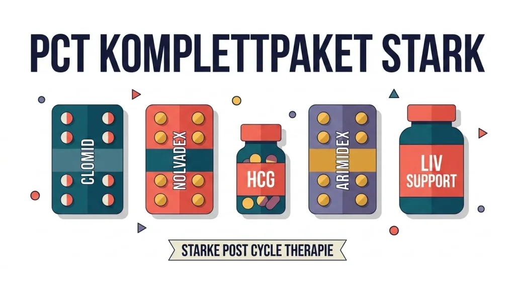 Flache Vektorgrafik des PCT Komplettpaket Stark mit Clomid, Nolvadex, HCG, Arimidex und Leberschutz-Produkten