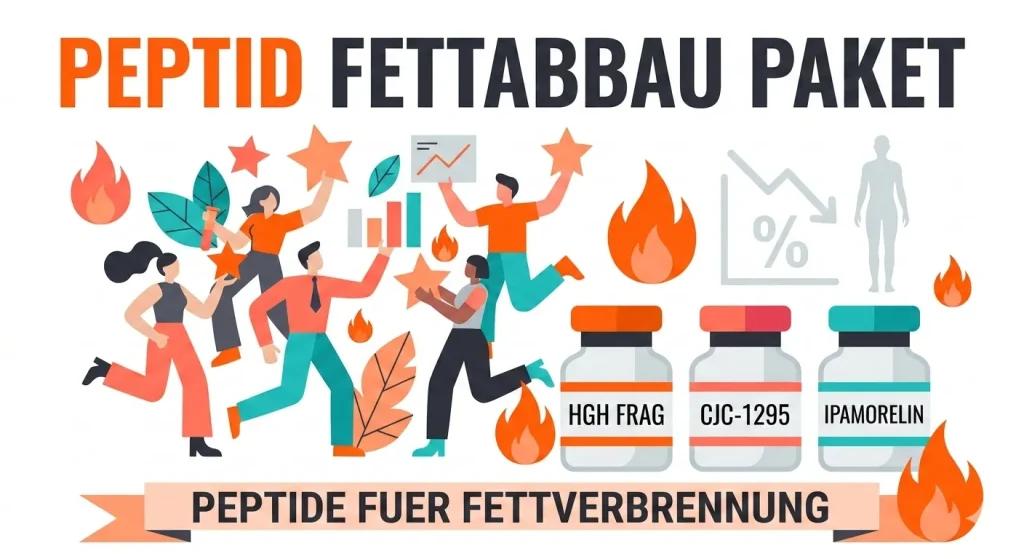 Flache Vektorgrafik des Peptid Fettabbau Pakets mit HGH Frag, CJC-1295 und Ipamorelin Fläschchen