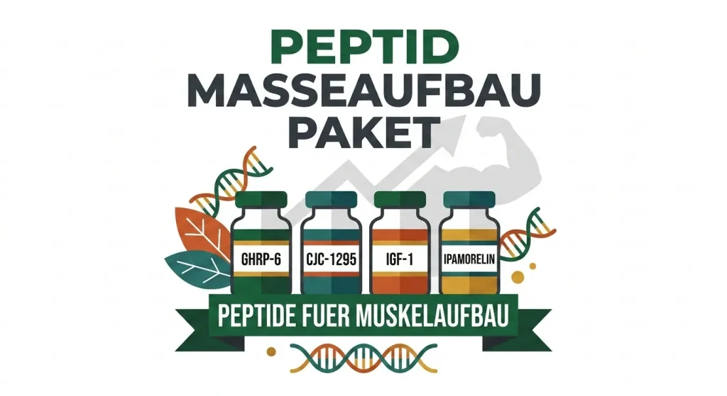Flache Vektorgrafik des Peptid Masseaufbau Pakets mit GHRP-6, CJC-1295, IGF-1 und Ipamorelin Fläschchen