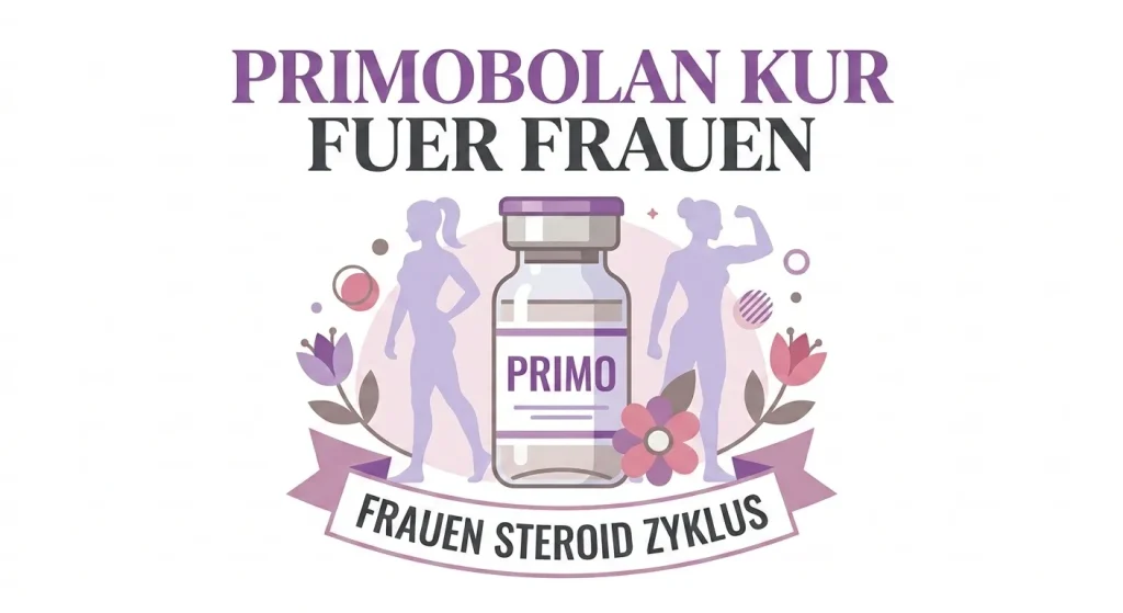 Flache Vektorgrafik der Primobolan Kur für Frauen mit Primo Fläschchen und weiblicher sportlicher Silhouette