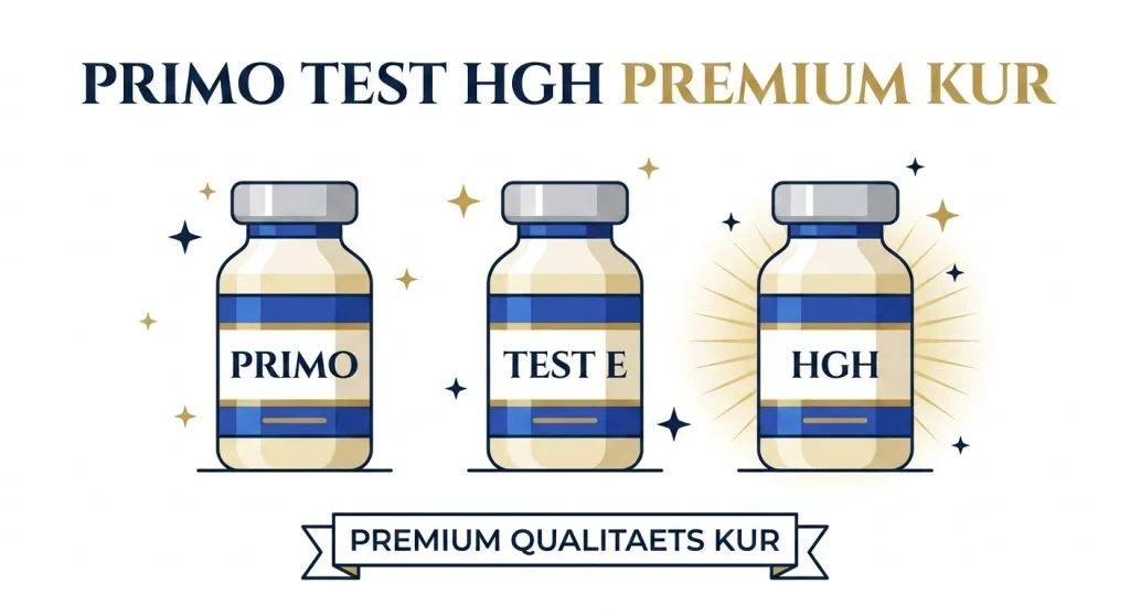Flache Vektorgrafik der Primobolan Testosteron HGH Premium Kur mit Primo, Test E und HGH Fläschchen
