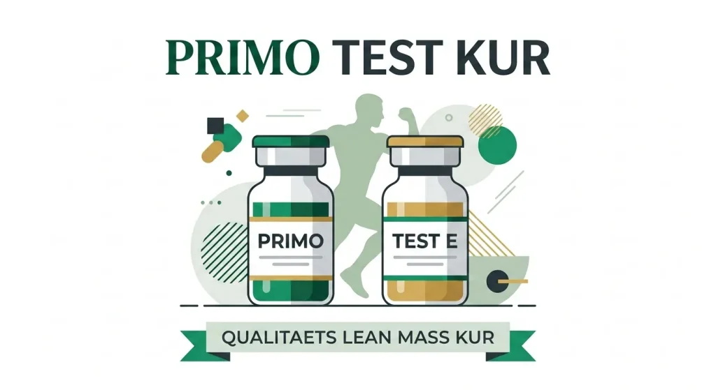 Flache Vektorgrafik der Primobolan Testosteron Kur mit Primo und Test E Fläschchen