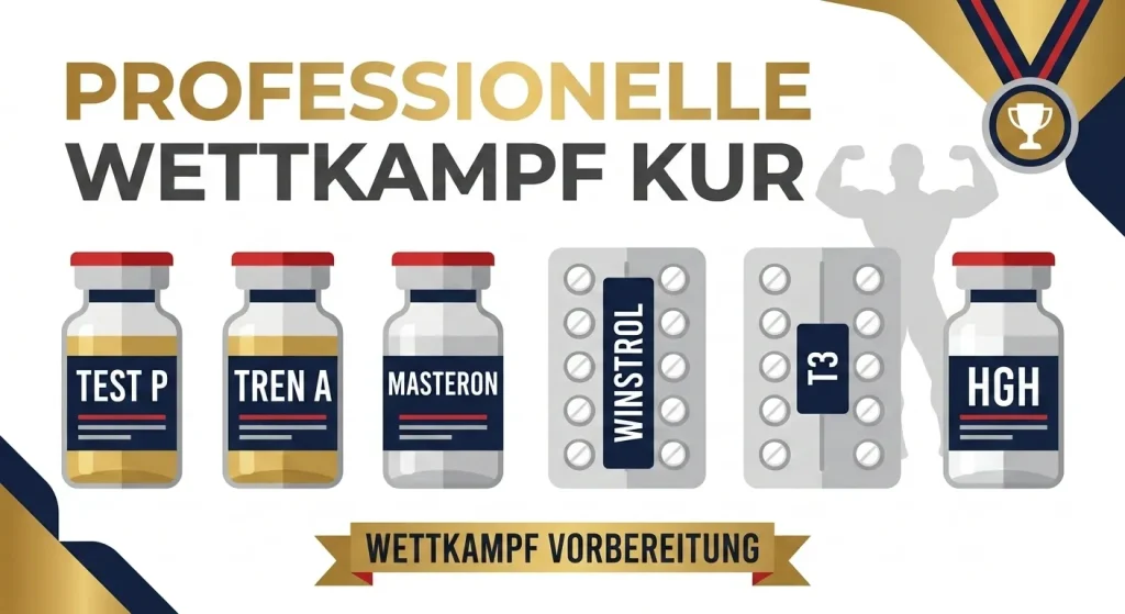 Flache Vektorgrafik der professionellen Wettkampf Kur mit Test P, Tren A, Masteron, Winstrol, T3 und HGH