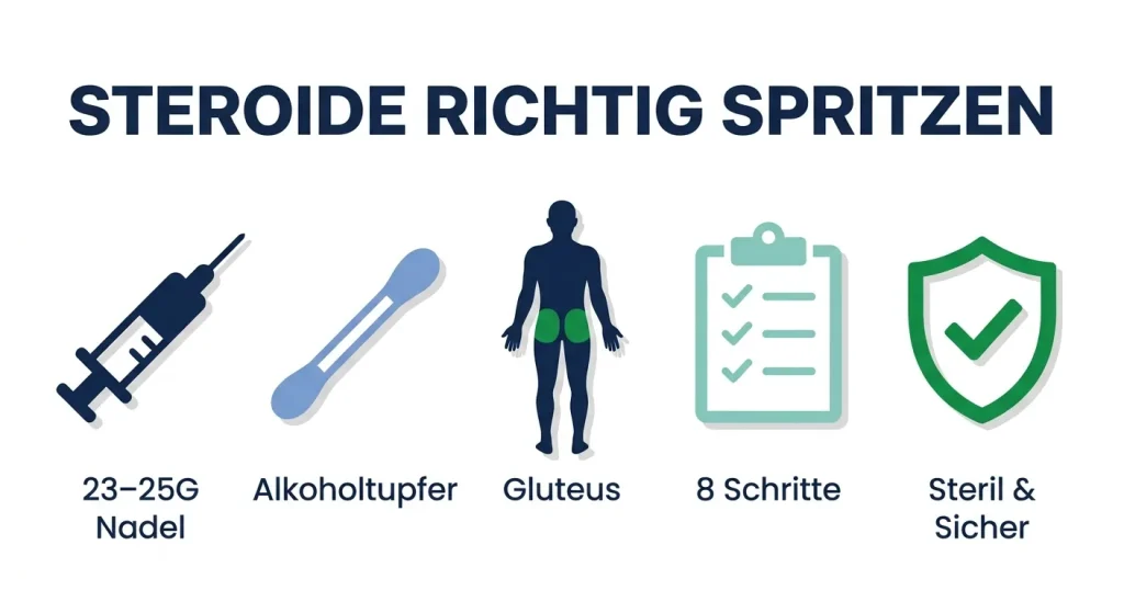 Steroide richtig spritzen – 8-Schritte-Anleitung für sichere intramuskuläre Injektionen mit korrekter Nadel und Technik