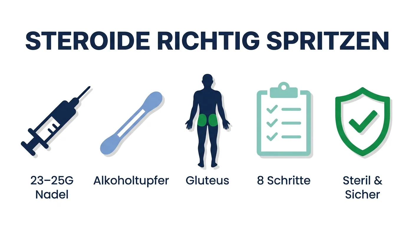 Steroide richtig spritzen – 8-Schritte-Anleitung für sichere intramuskuläre Injektionen mit korrekter Nadel und Technik
