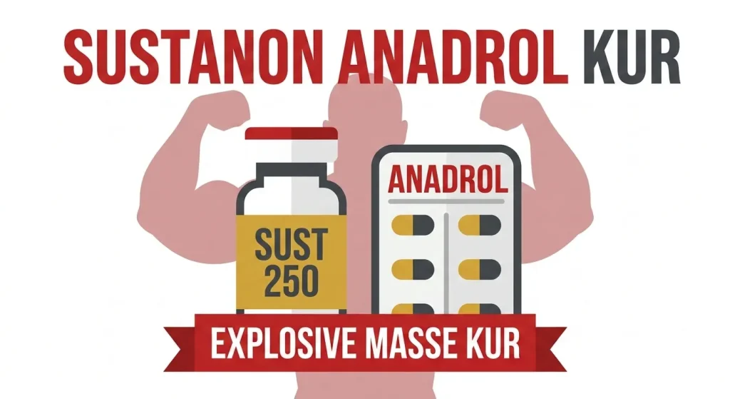 Flache Vektorgrafik der Sustanon Anadrol Kur mit Sust 250 Fläschchen und Anadrol Blisterpackung