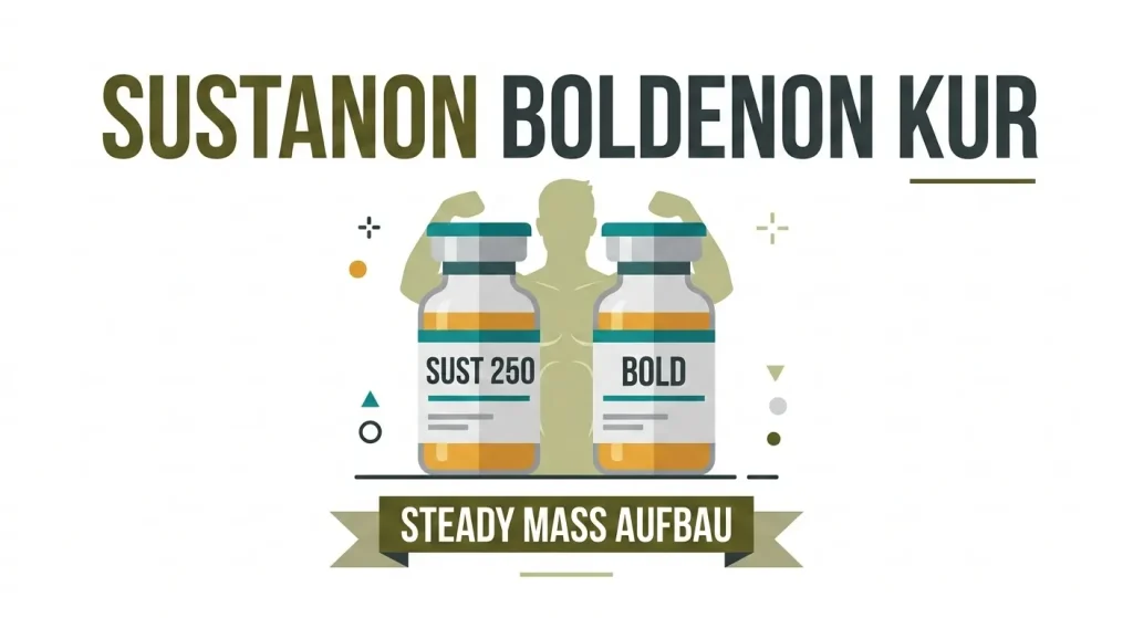 Flache Vektorgrafik der Sustanon Boldenon Kur mit Sust 250 und Boldenon Fläschchen