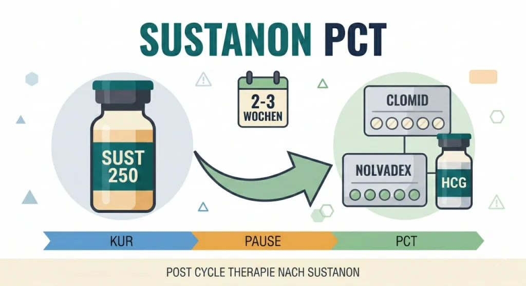 Flache Vektorgrafik des Sustanon PCT Plans mit Sust 250, Clomid, Nolvadex, HCG und Zeitleiste
