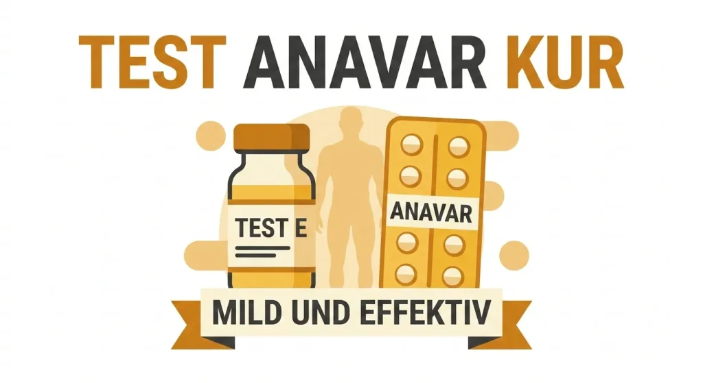 Flache Vektorgrafik der Testosteron Anavar Kur mit Test E Fläschchen und Anavar Blisterpackung
