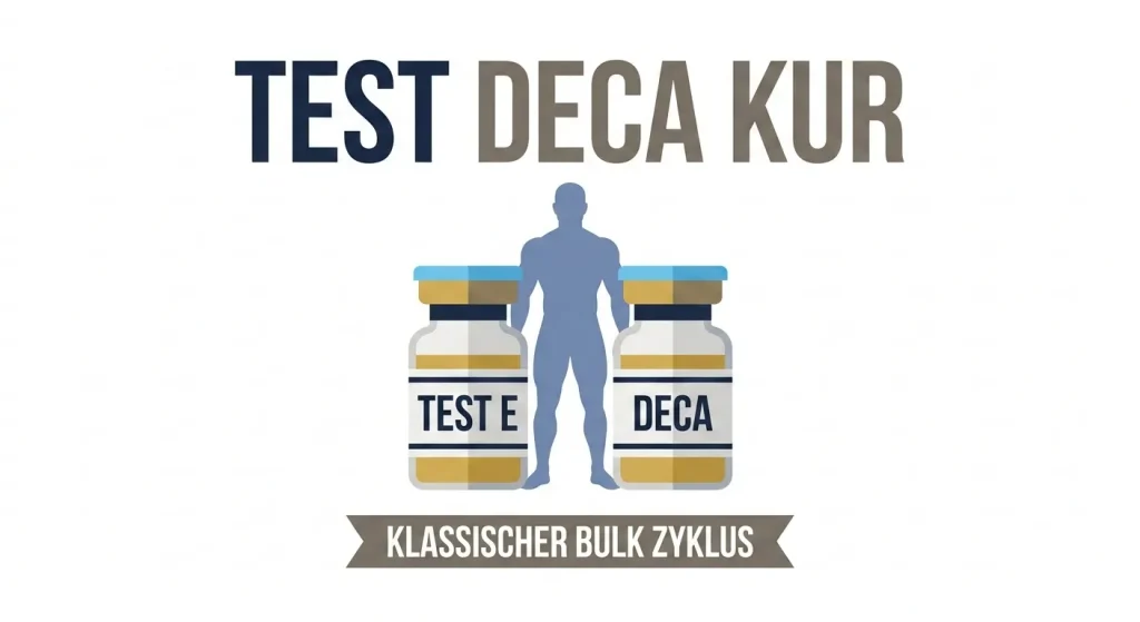 Flache Vektorgrafik der Testosteron Deca Durabolin Kur mit Test E und Deca Fläschchen