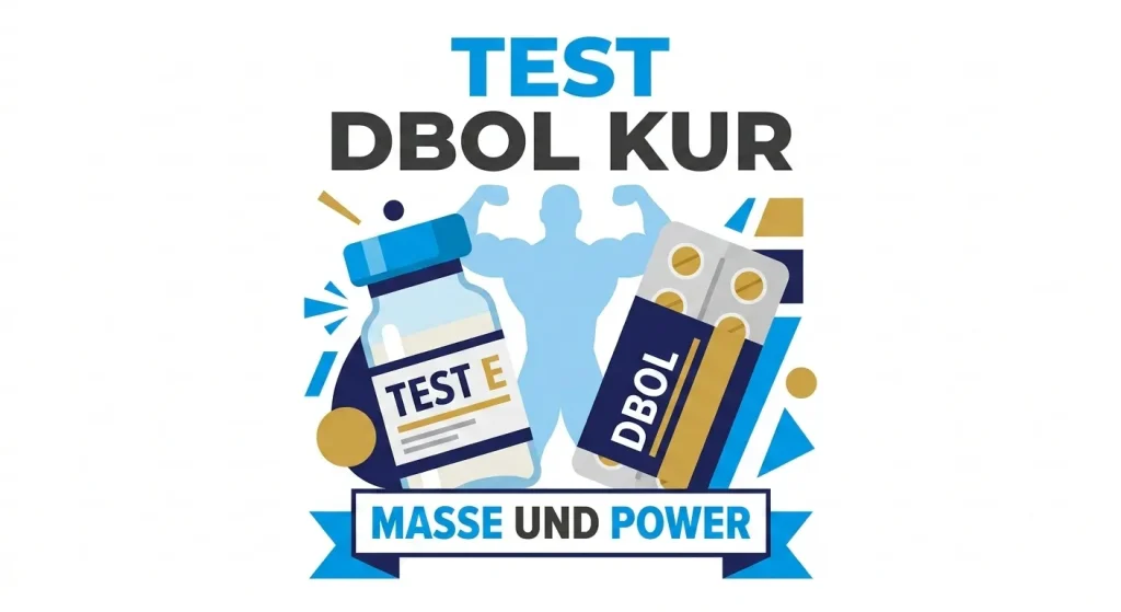 Flache Vektorgrafik der Testosteron Dianabol Kur mit Test E Fläschchen und Dbol Blisterpackung