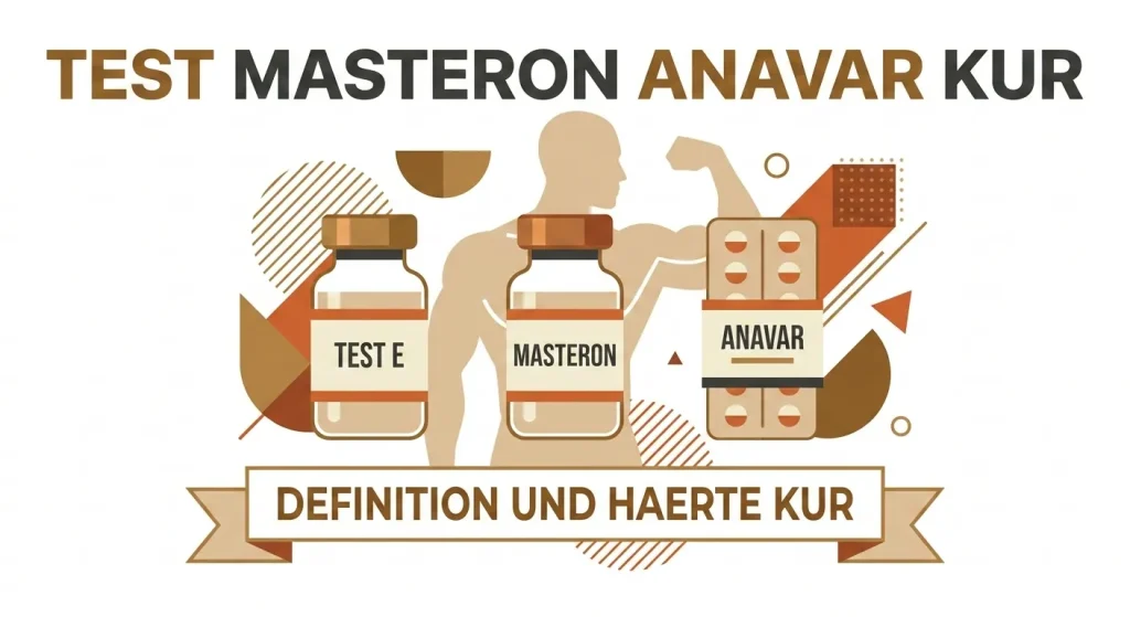 Flache Vektorgrafik der Testosteron Masteron Anavar Kur mit Test E, Masteron und Anavar Produkten