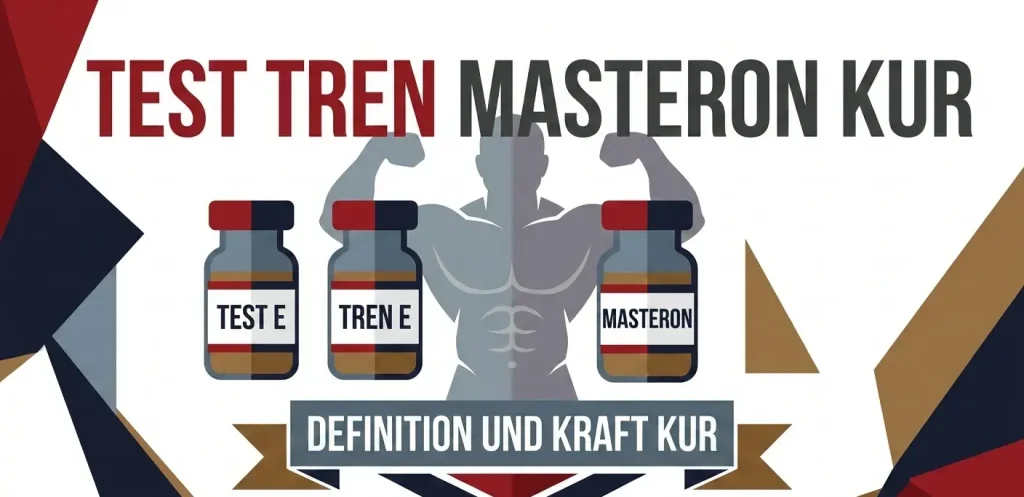 Flache Vektorgrafik der Testosteron Trenbolon Masteron Kur mit Test E, Tren E und Masteron Fläschchen