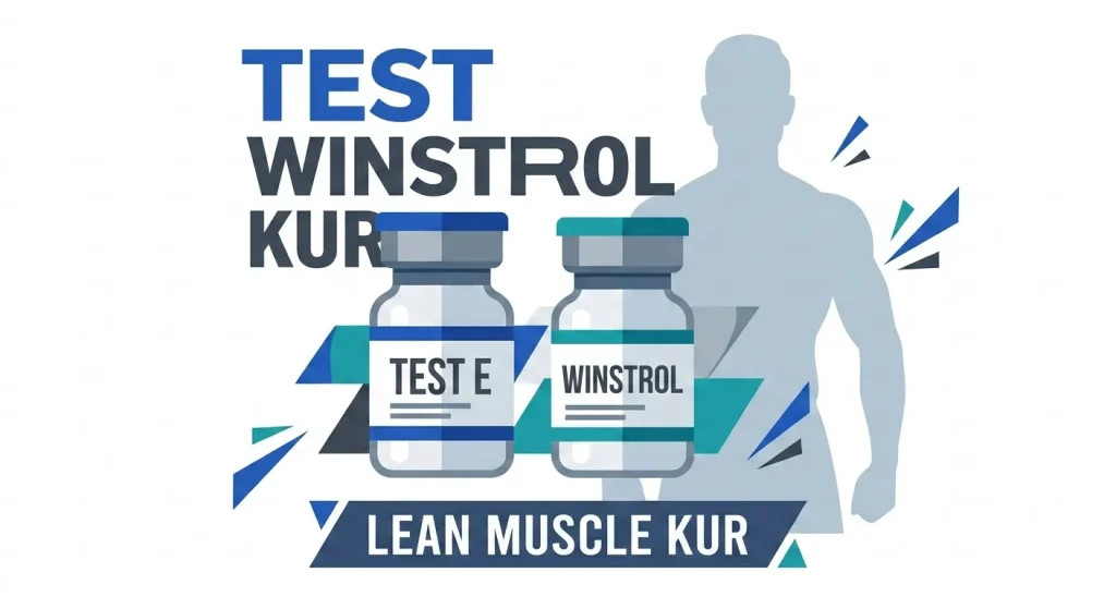 Flache Vektorgrafik der Testosteron Winstrol Kur mit Test E und Winstrol Fläschchen