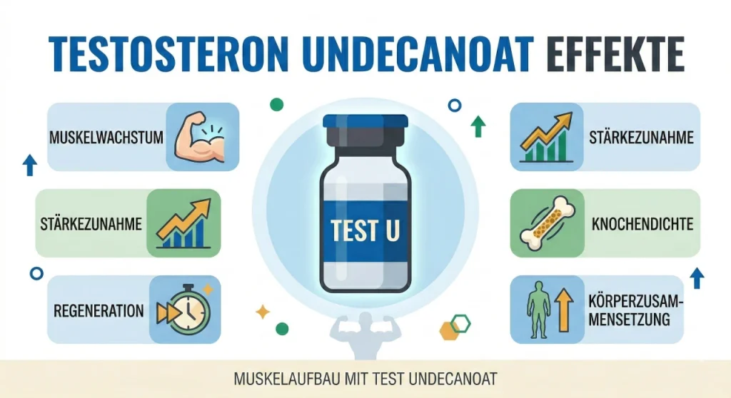 Flache Vektorgrafik der Testosteron Undecanoat Effekte mit Test U Fläschchen und Muskelaufbau-Symbolen