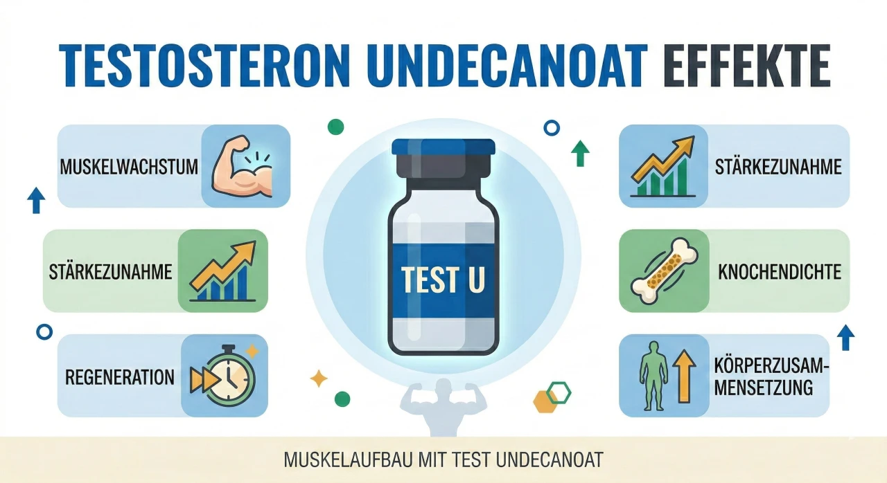 Flache Vektorgrafik der Testosteron Undecanoat Effekte mit Test U Fläschchen und Muskelaufbau-Symbolen