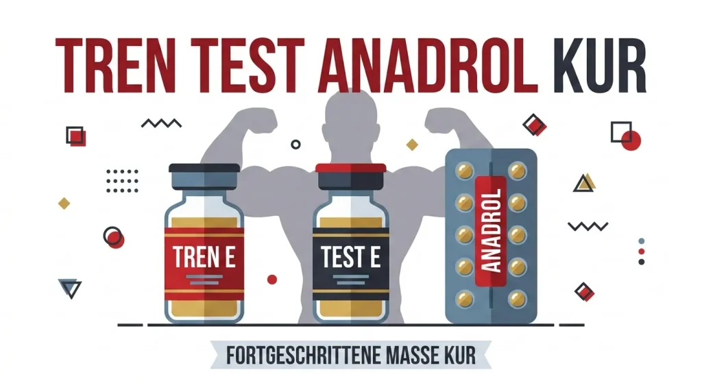 Flache Vektorgrafik der Trenbolon Testosteron Anadrol Kur mit Tren E, Test E und Anadrol Produkten