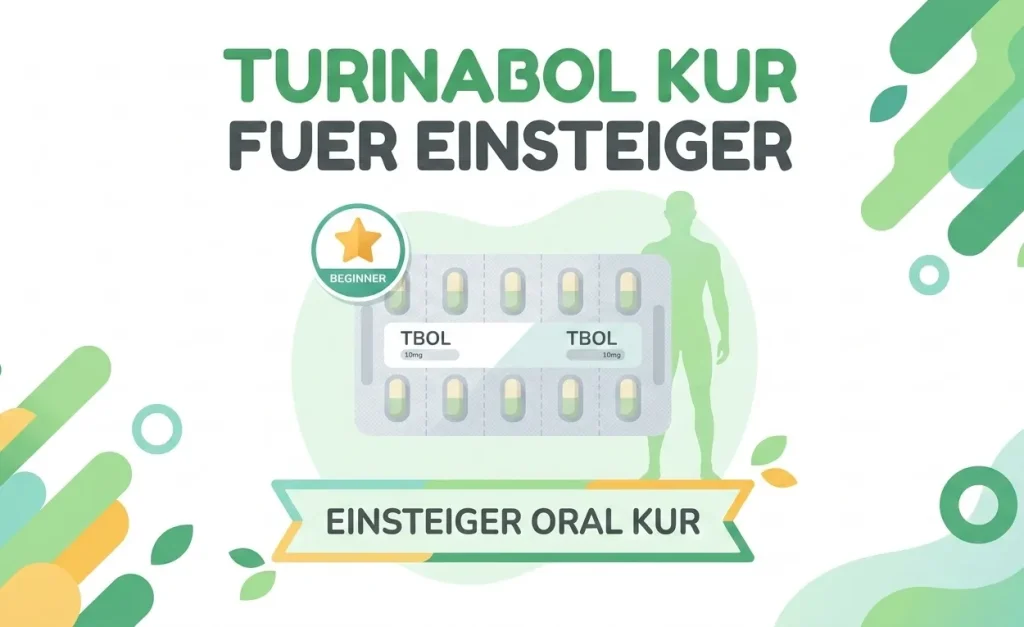 Flache Vektorgrafik der Turinabol Kur für Einsteiger mit Tbol Blisterpackung und Einsteiger-Abzeichen