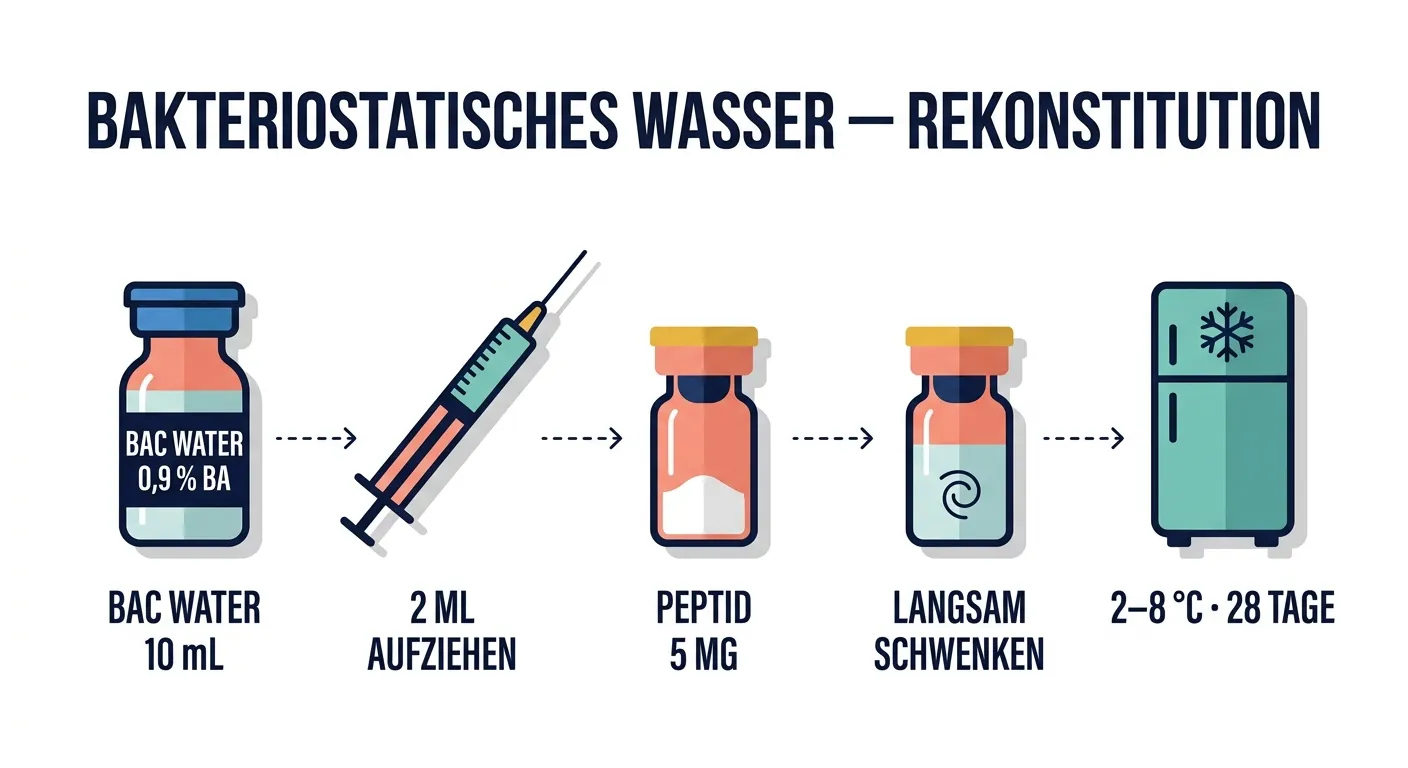 Flat-Vector-Infografik zeigt den Rekonstitutionsprozess mit bakteriostatischem Wasser in fünf Schritten: Vial öffnen, 2 ml aufziehen, ins Peptid-Vial injizieren, langsam schwenken und bei 2–8 °C lagern (28 Tage haltbar).