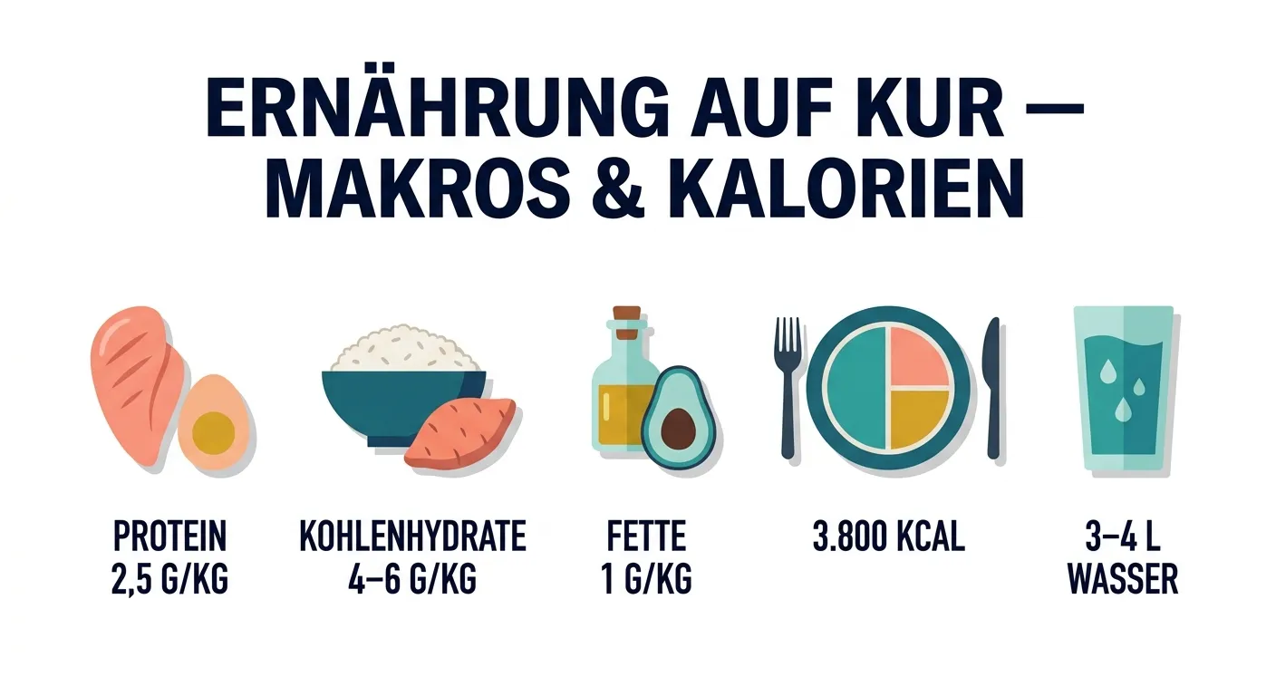 Flat-Vector-Infografik zeigt die fünf Säulen der Ernährung auf der Steroidkur: Protein, Kohlenhydrate, Fette, Gesamtkalorien und Hydration mit Beispielen für jede Makronährstoffquelle.