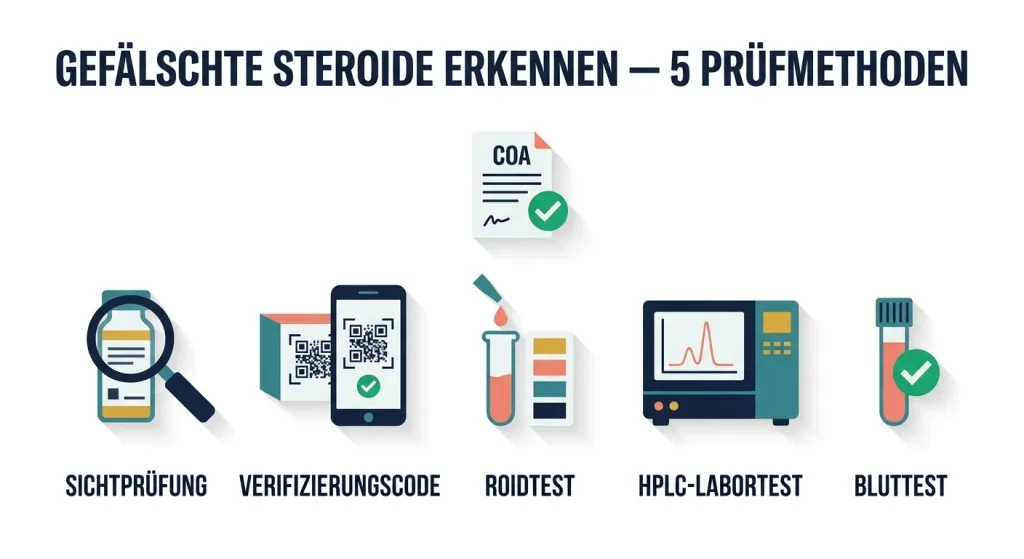 Flat-Vector-Infografik zeigt fünf Methoden zur Erkennung gefälschter Steroide: Sichtprüfung, Hersteller-Verifizierungscode, kolorimetrischer ROIDTEST, HPLC-Laboranalyse und Bluttest mit Analysezertifikat im Hintergrund.