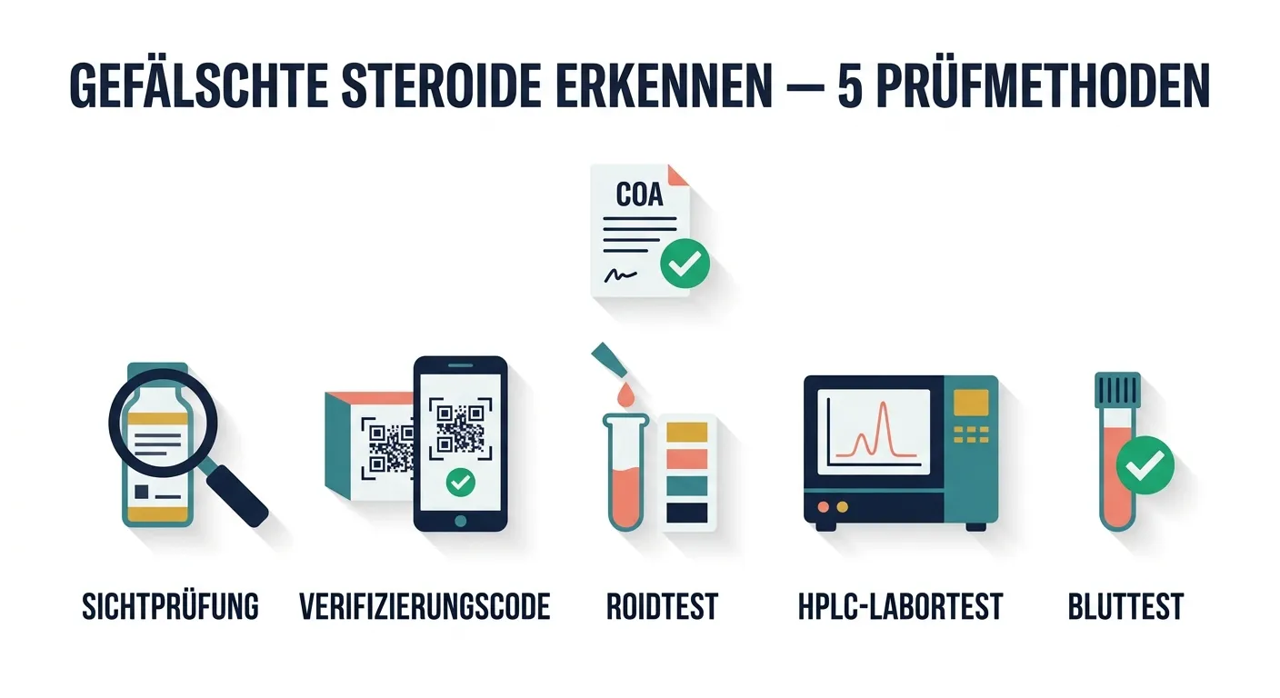 Flat-Vector-Infografik zeigt fünf Methoden zur Erkennung gefälschter Steroide: Sichtprüfung, Hersteller-Verifizierungscode, kolorimetrischer ROIDTEST, HPLC-Laboranalyse und Bluttest mit Analysezertifikat im Hintergrund.