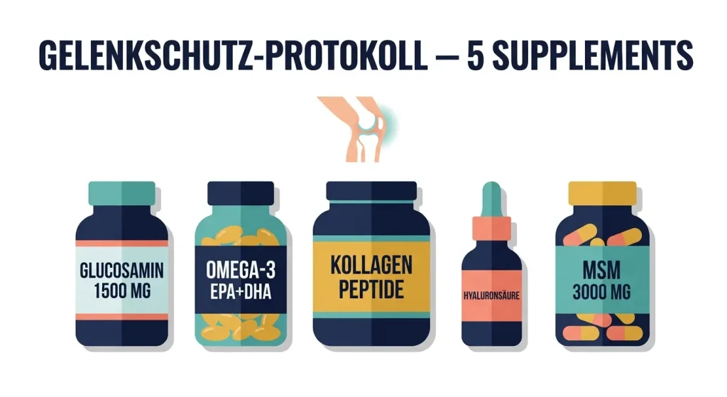 Flat-Vector-Illustration zeigt das 5-Supplement-Gelenkschutz-Protokoll für die Steroidkur: Glucosamin, Omega-3, Kollagenpeptide, Hyaluronsäure und MSM mit gesundem Kniegelenk im Hintergrund.