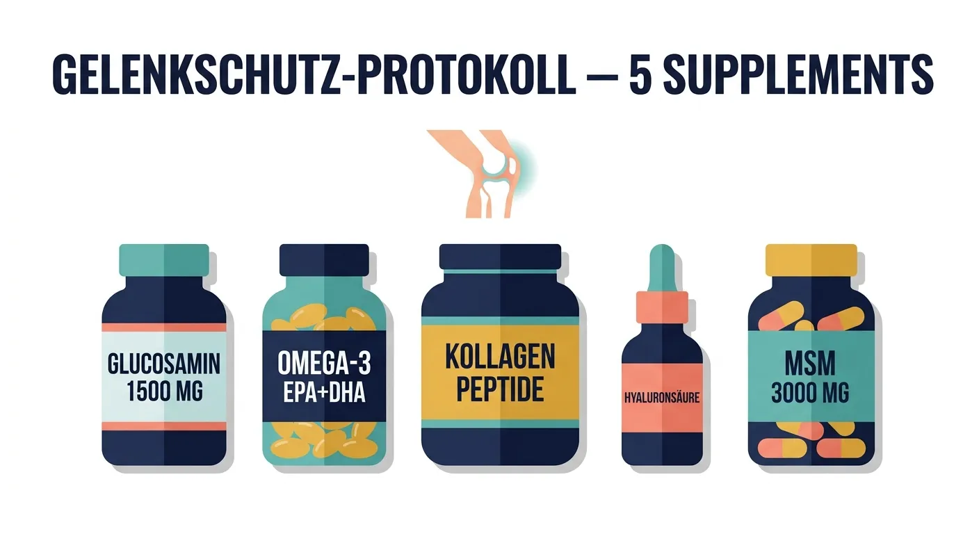 Flat-Vector-Illustration zeigt das 5-Supplement-Gelenkschutz-Protokoll für die Steroidkur: Glucosamin, Omega-3, Kollagenpeptide, Hyaluronsäure und MSM mit gesundem Kniegelenk im Hintergrund.