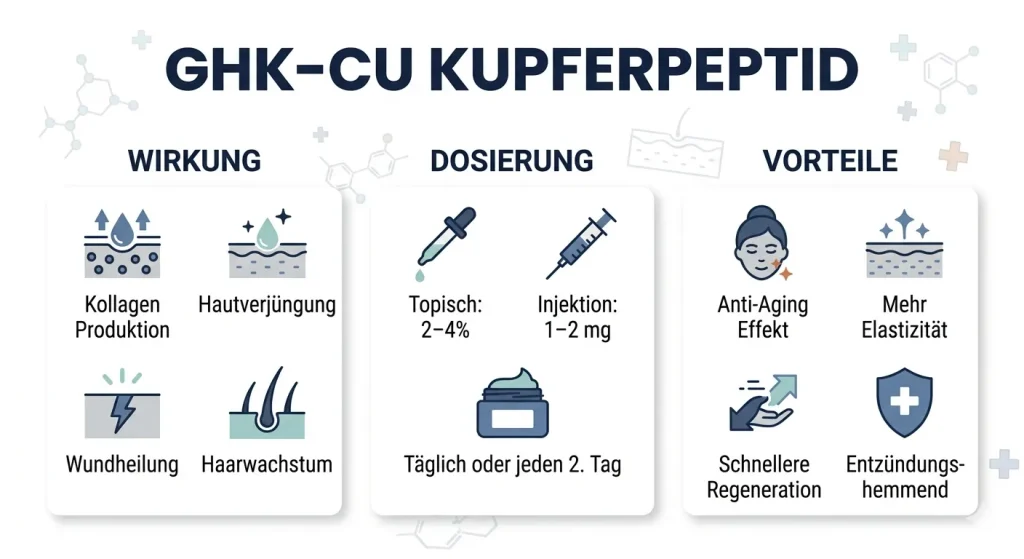 GHK-Cu Kupferpeptid Wirkung und Dosierung Infografik auf weißem Hintergrund für Haut und Regeneration