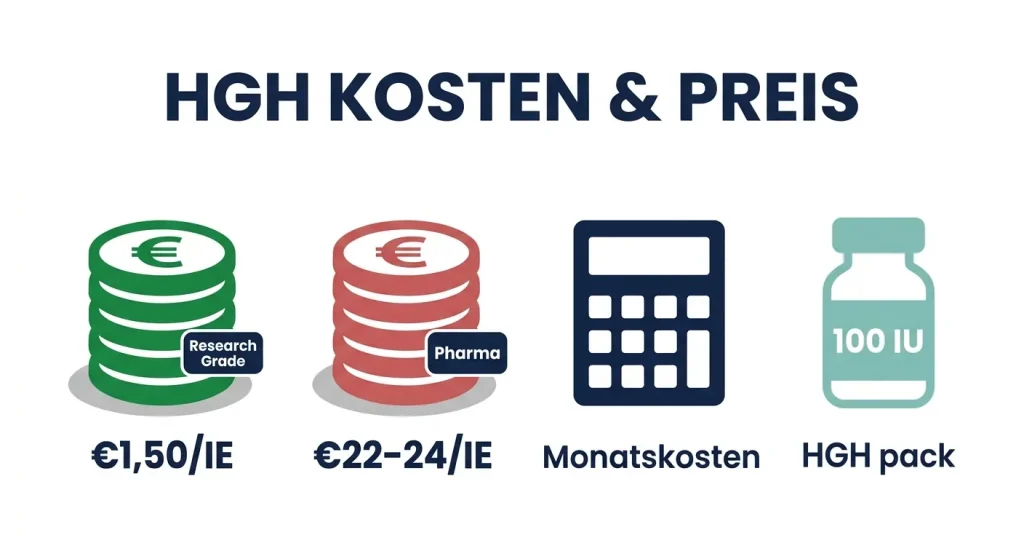 HGH Kosten und Preis – Vergleich von Pharma HGH (€22/IE) und Research Grade (€1,50/IE) mit Monatskosten nach Dosierung
