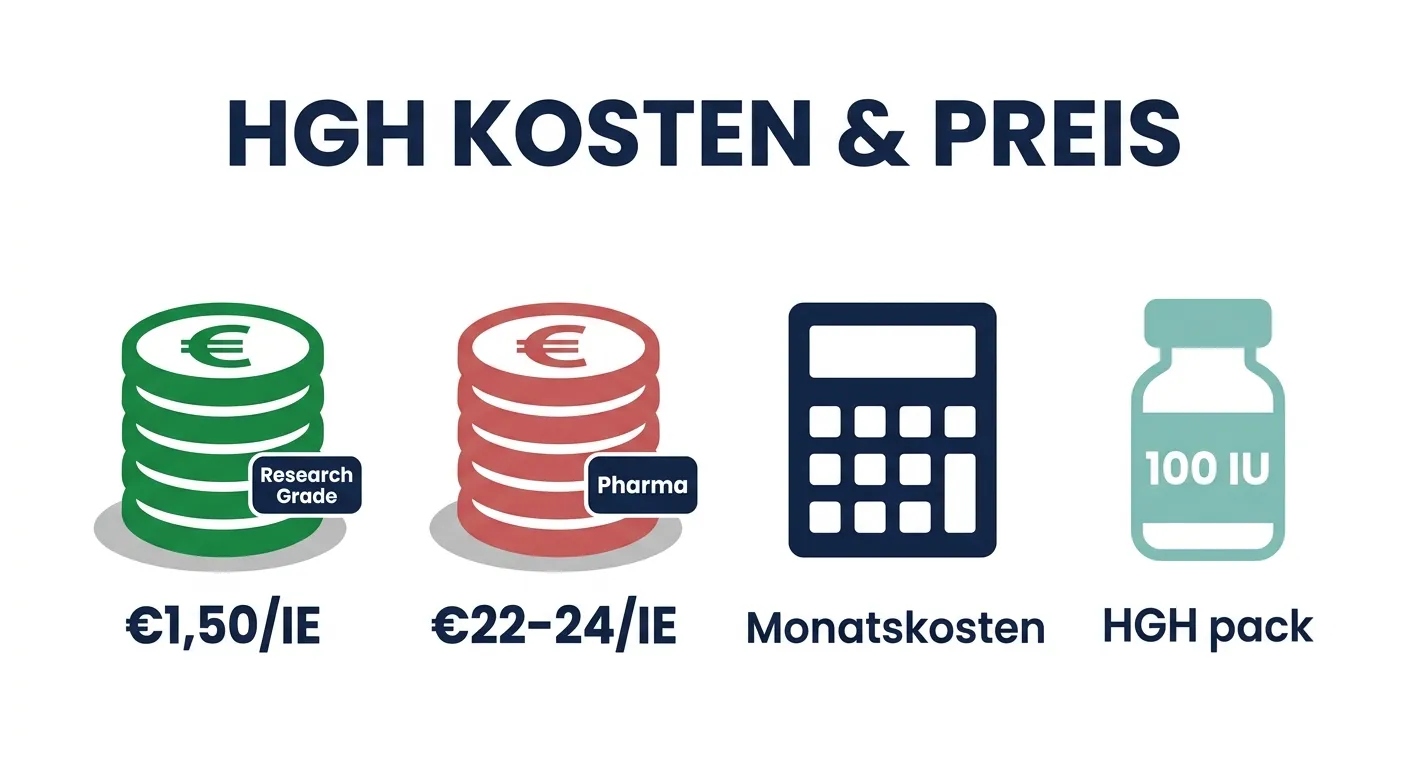 HGH Kosten und Preis – Vergleich von Pharma HGH (€22/IE) und Research Grade (€1,50/IE) mit Monatskosten nach Dosierung