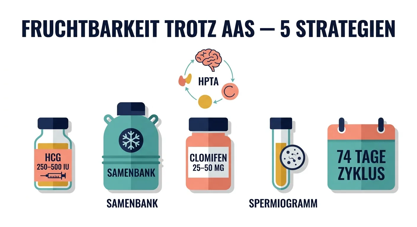 Flat-Vector-Infografik zeigt fünf Strategien zum Erhalt der Fruchtbarkeit trotz Steroidkur: HCG, Sperma-Kryokonservierung, Clomifen, Spermiogramm und der 74-Tage-Spermatogenese-Zyklus mit stilisierter HPTA-Achse.