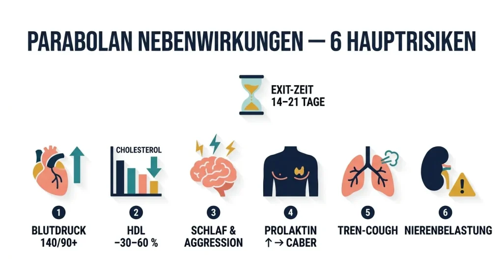 Flat-Vector-Infografik zeigt sechs Hauptnebenwirkungen von Parabolan: Bluthochdruck, HDL-Senkung, Schlafstörungen und Aggression, Prolaktinanstieg, Tren-Cough und Nierenbelastung mit Hinweis auf die 14–21 Tage Exit-Zeit.