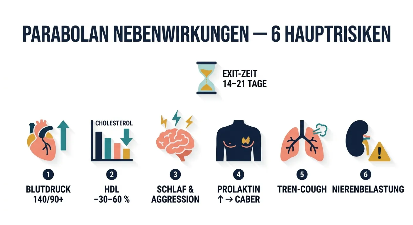 Flat-Vector-Infografik zeigt sechs Hauptnebenwirkungen von Parabolan: Bluthochdruck, HDL-Senkung, Schlafstörungen und Aggression, Prolaktinanstieg, Tren-Cough und Nierenbelastung mit Hinweis auf die 14–21 Tage Exit-Zeit.