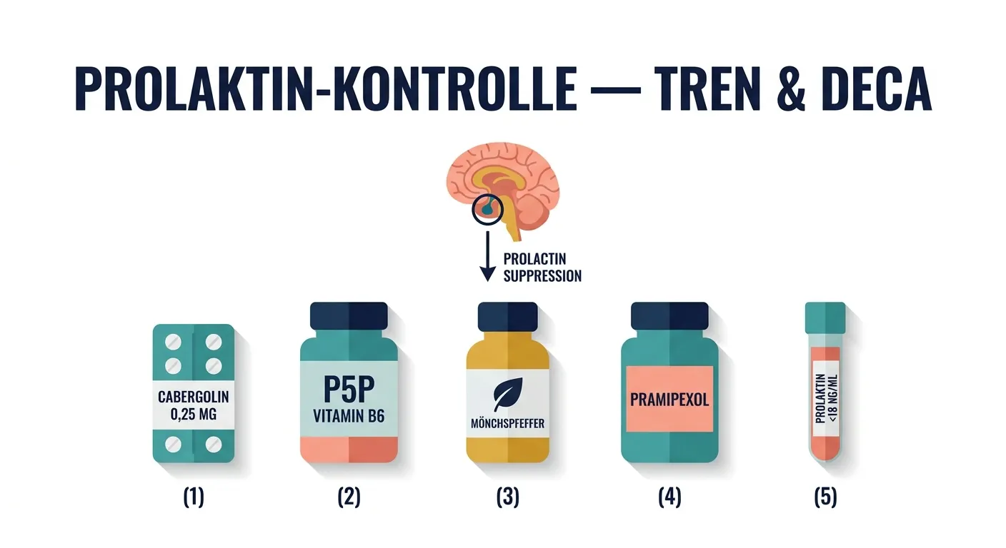 Infografik zeigt fünf Optionen zur Prolaktinkontrolle bei 19-Nor-Steroiden: Cabergolin, P5P, Mönchspfeffer, Pramipexol und den Prolaktin-Bluttest mit stilisierter Hirnanhangdrüse.