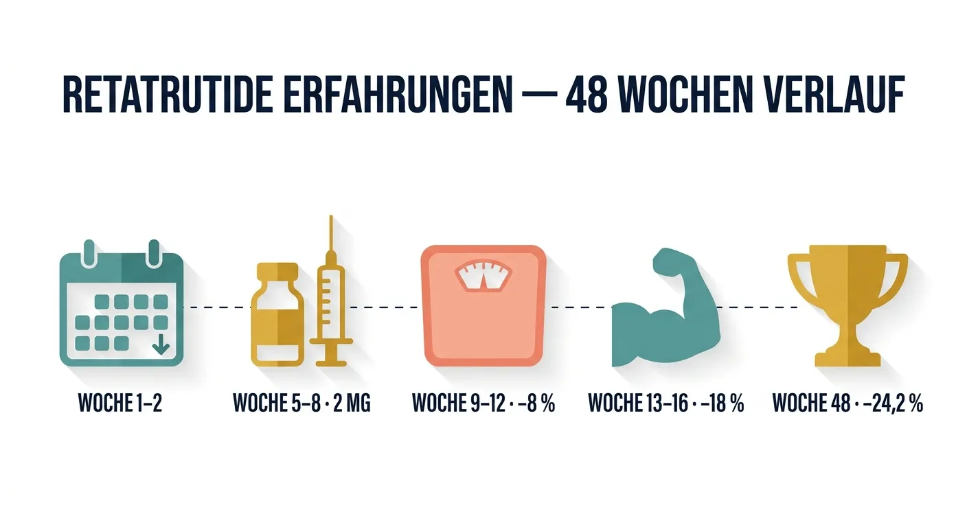 Infografik im Flat-Vector-Stil zeigt den Retatrutide-Verlauf über 48 Wochen mit Meilensteinen von Woche 1 bis −24,2 % Gewichtsverlust