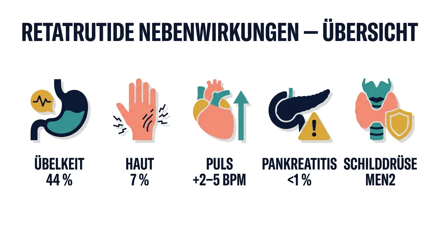 Infografik im Flat-Vector-Stil zeigt fünf Hauptnebenwirkungen von Retatrutide: Übelkeit, Hauthyperästhesie, Herzfrequenzanstieg, Pankreatitis-Risiko und Schilddrüsen-Kontraindikation.