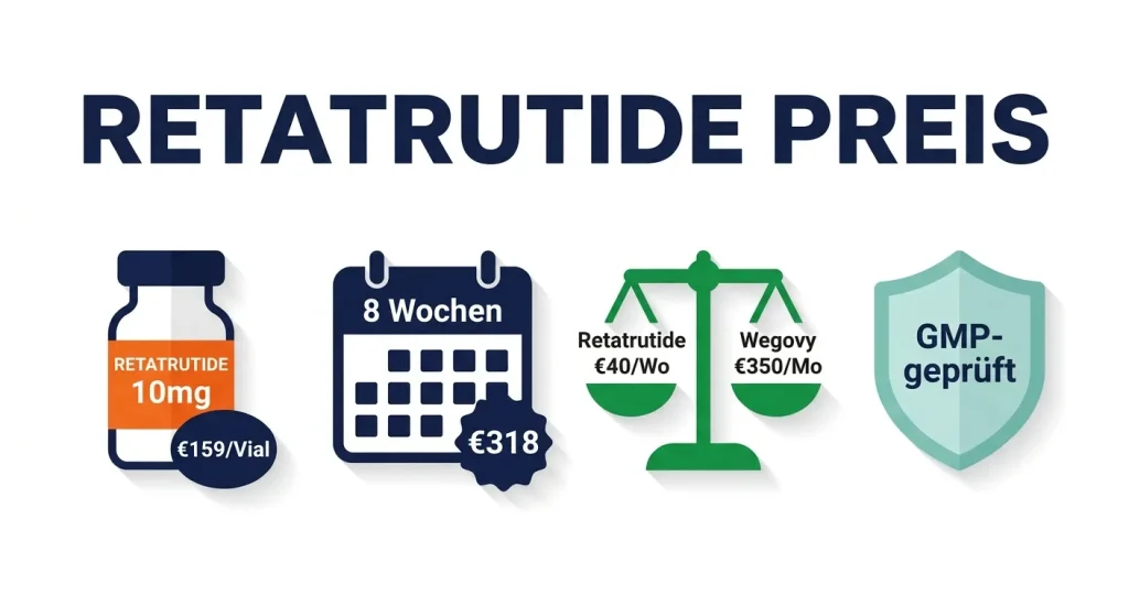 Retatrutide Preis – €159 pro 10mg Vial, €318 für 8-Wochen-Zyklus im Vergleich mit Semaglutid und Tirzepatid Kosten