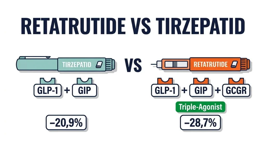 Retatrutide vs. Tirzepatid – Triple-Agonist gegen Dual-Agonist: 28,7% vs. 20,9% Gewichtsverlust im Direktvergleich