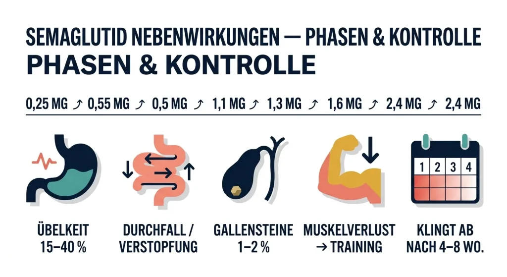 Flat-Vector-Infografik zeigt die Hauptnebenwirkungen von Semaglutid nach Phase: Übelkeit, GI-Beschwerden, Gallenstein-Risiko, Muskelverlust-Prävention und Abklingen der Symptome nach 4–8 Wochen mit Titrations-Timeline.