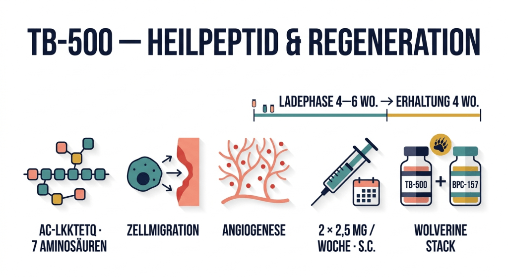 Flat-Vector-Infografik zeigt fünf Schlüsselaspekte von TB-500: 7-Aminosäuren-Sequenz, Zellmigration, Angiogenese, Dosierungsprotokoll 2×2,5 mg/Woche subkutan und den Wolverine Stack mit BPC-157 auf einer Timeline mit Lade- und Erhaltungsphase.