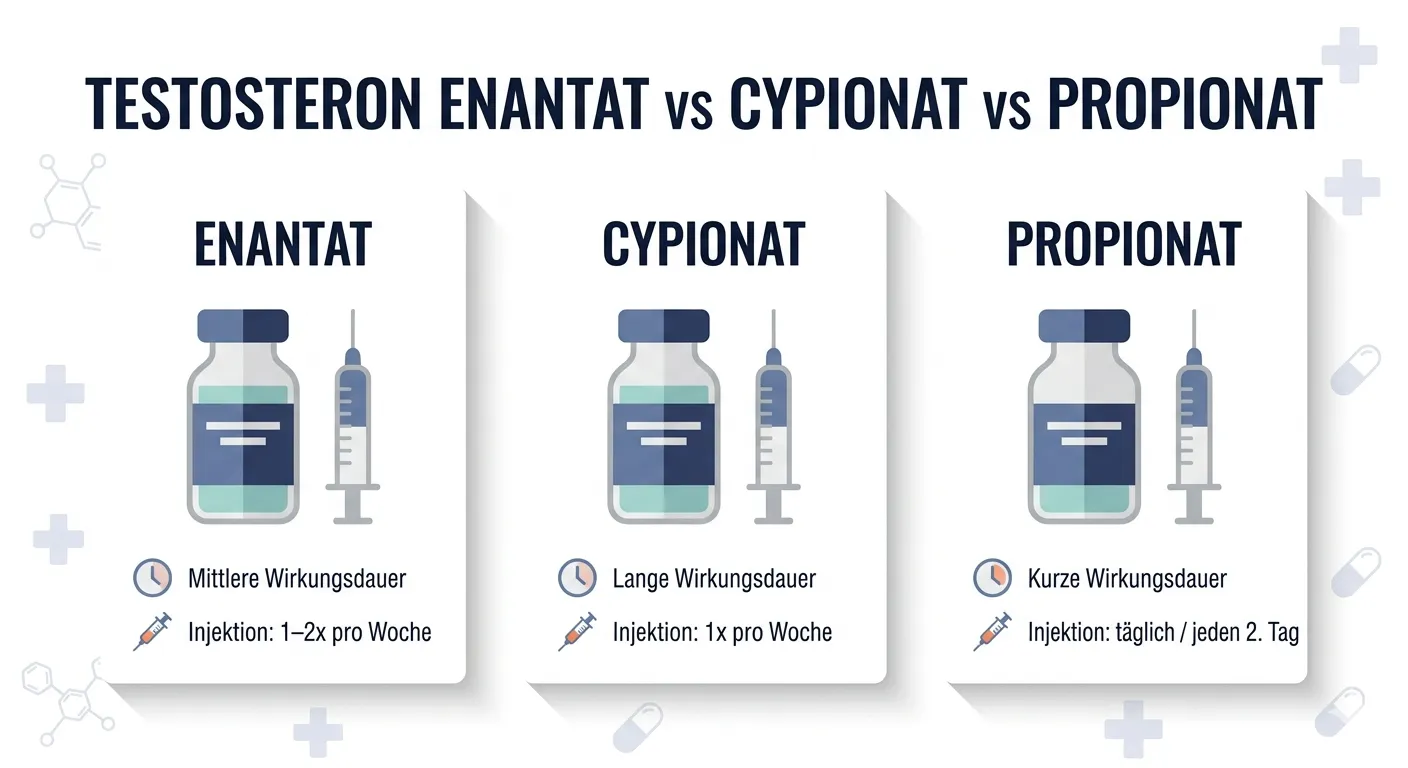 Vergleich von Testosteron Enantat, Cypionat und Propionat mit Wirkungsdauer und Injektionshäufigkeit