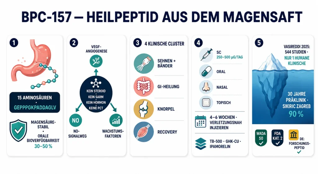 Infografik im flachen Vektorstil, die fünf Aspekte von BPC-157 zeigt: Herkunft aus dem Magensaft mit oraler Bioverfügbarkeit, drei Wirkmechanismen ohne hormonelle Wirkung, vier klinische Anwendungscluster, vier Verabreichungsformen mit Dosierung und Evidenz-Eisberg aus 544 Studien mit nur einer humanen klinischen Studie.