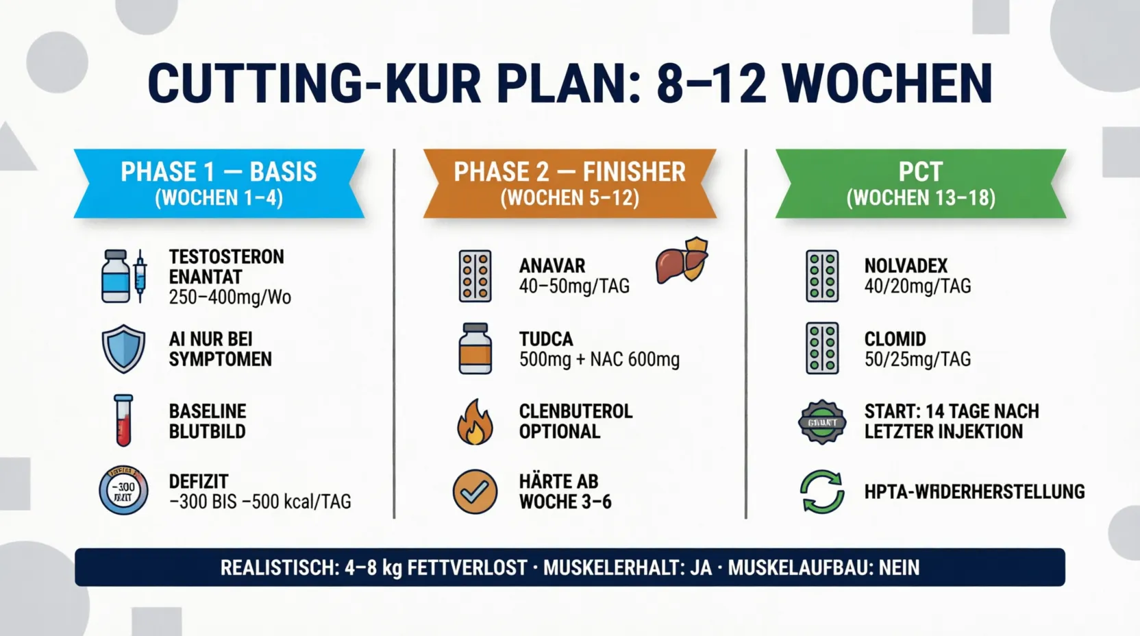 Infografik des vollständigen Cutting-Kur-Plans über 8–12 Wochen: Phase 1 Basis mit Testosteron Enantat 250–400mg/Woche und Baseline-Blutbild, Phase 2 Finisher mit Anavar 40–50mg/Tag, TUDCA 500mg und optionalem Clenbuterol für Muskelhärte ab Woche 3–6, und PCT-Phase mit Nolvadex 40/20mg und Clomid 50/25mg ab 14 Tage nach letzter Injektion — realistischer Fettverlust 4–8 kg bei vollständigem Muskelerhalt