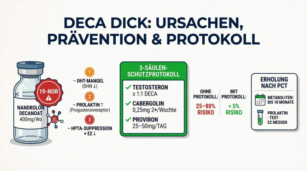 Flat Vector Infografik zu Deca Dick (Nandrolon-induzierte erektile Dysfunktion): Warnbadge am Deca-Durabolin-Vial mit fehlendem C19-Kohlenstoff, drei Ursachen (DHT-Mangel durch DHN-Reduktion, Prolaktinerhöhung durch Progesteronrezeptor-Aktivität, HPTA-Suppression mit niedrigem Östradiol), 3-Säulen-Schutzprotokoll (Testosteron mindestens 1:1 zu Deca, Cabergolin 0,25mg zweimal wöchentlich, Proviron 25–50mg täglich), Risikosenkung von 25–80% auf unter 5% und Erholungs-Timeline mit Nandrolon-Metaboliten bis zu 18 Monate nachweisbar